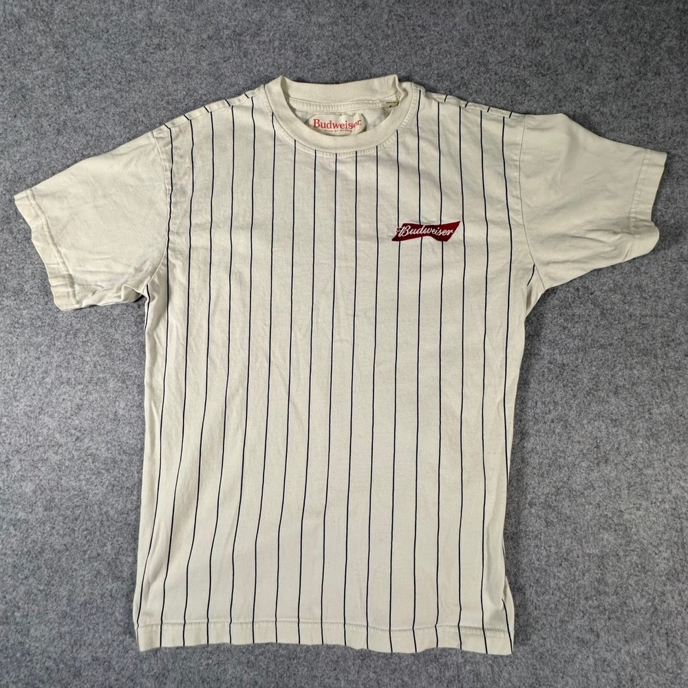 PacSun Budweiser T-Shirt Mens Small Cream Pinstripe Embroidered Logo